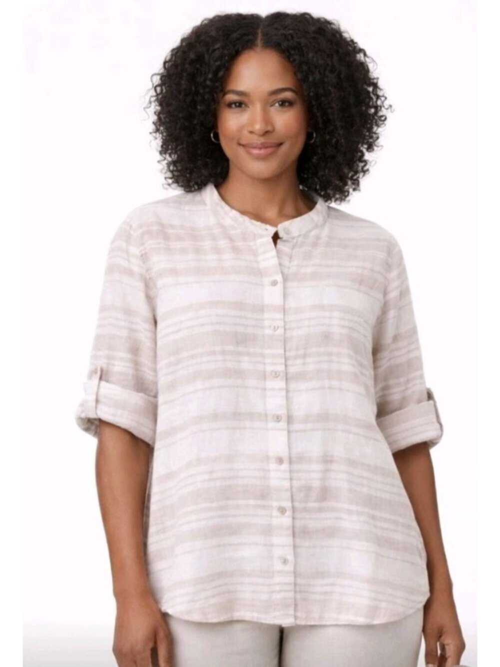 Womens 100% Linen Top Roll Tab Striped Casual Vacation Summer Party Resort Large